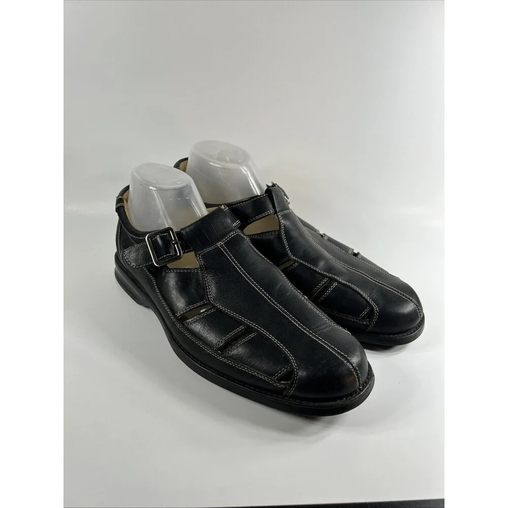 Johnston & Murphy Mens Sandals Size 10.5 Black Shoes Sheepskin Adjustable Strap